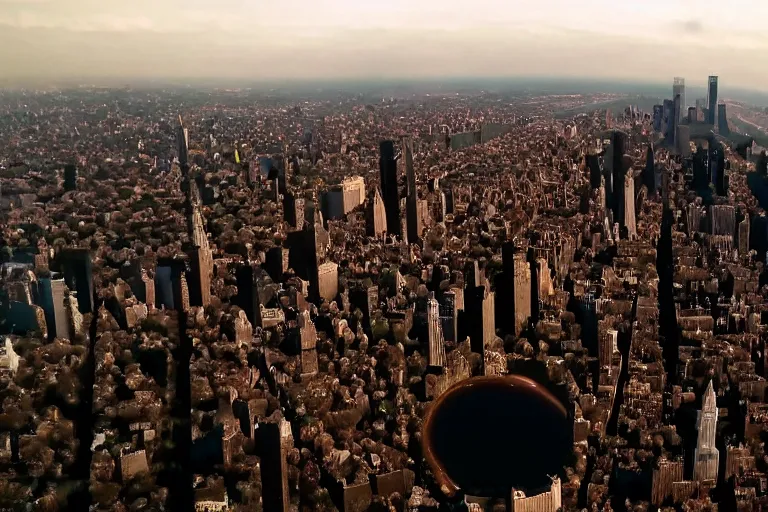 Image similar to Black hole over central park, recovered footage, cinematic, VFX