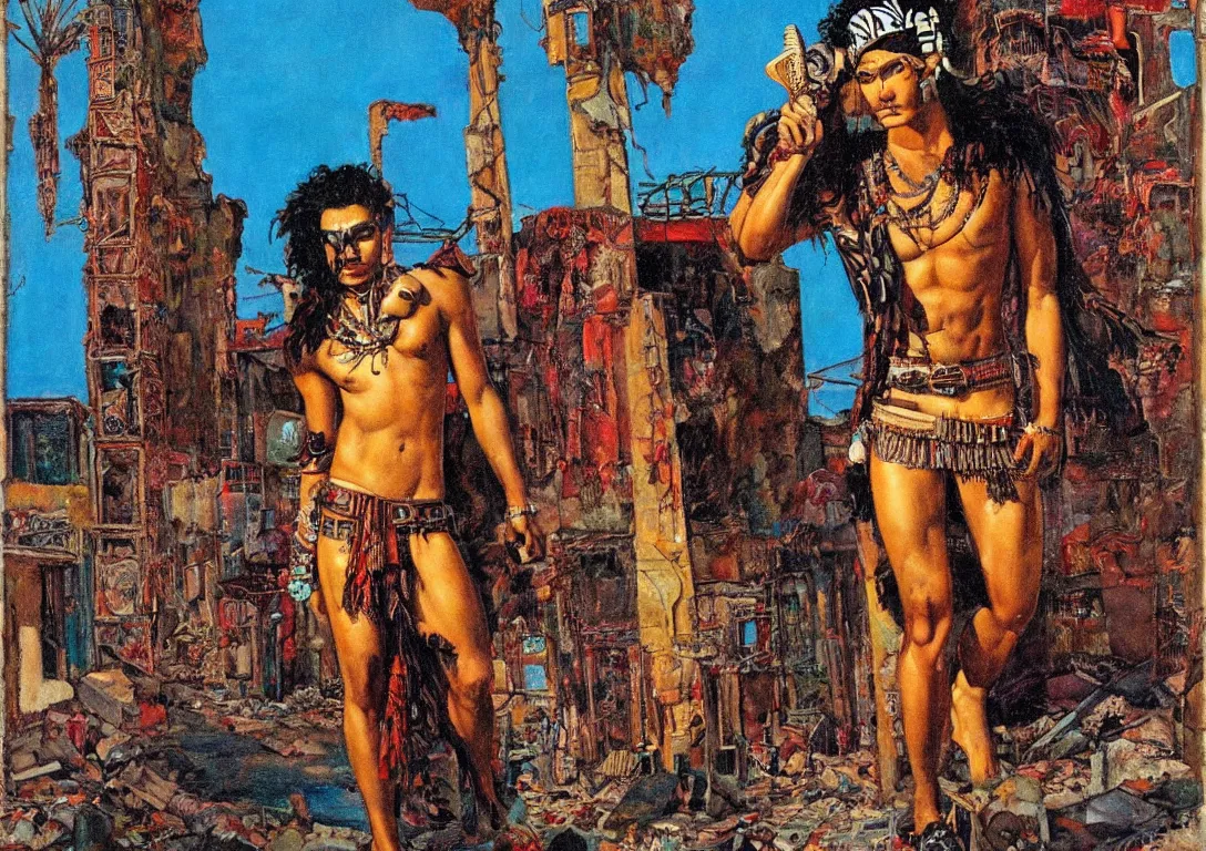 Image similar to a punk polynesian greek god searching through the streets of an abandoned city, sparse detail, complementary color scheme, by george luks, mati klarwein and moebius