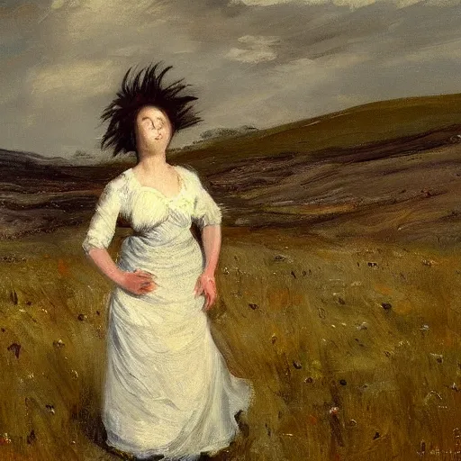 Image similar to the painting depicts a woman standing in a field of ashes, her dress billowing in the wind. her hair is wild and her eyes are closed, and she seems to be in a trance - like state. the painting is dark and atmospheric, and the ashes in the field seem to be almost alive, swirling around. by harriet backer, by nicolas de stael atmospheric