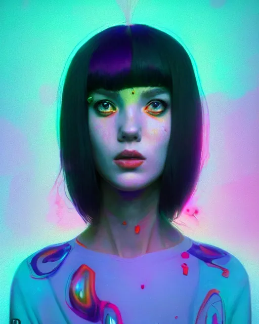 Prompt: lsd, acid trip, a beautiful woman with ( skunk ) features, dramatic lighting, by ilya kuvshinov, artgerm, wlop, greg rutkowski, ultra detailed colorful repeating fractals in the background by moebius, beeple, artstation