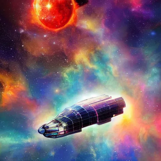 Image similar to a concept art painting of a space van flying in front of a nebula