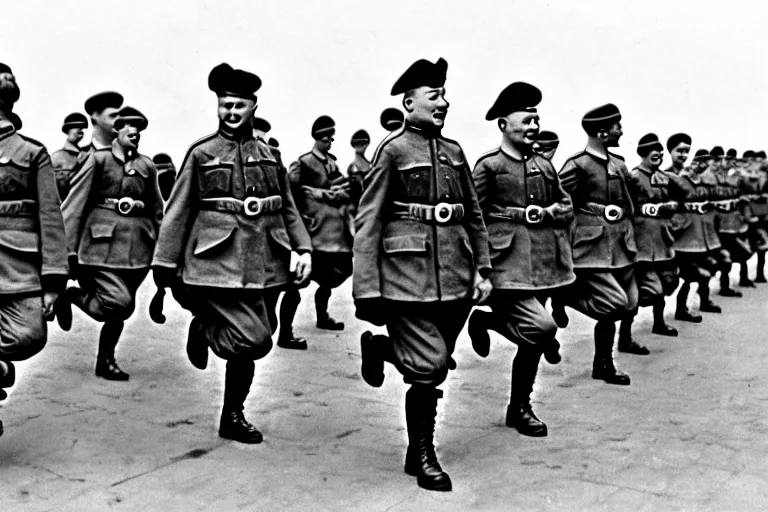 Image similar to minions as german soldiers in ww 2, goose stepping, military parade, dress uniforms