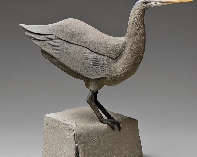 Prompt: an ancient effigy of a heron, clay sculpture, cubism, photograph