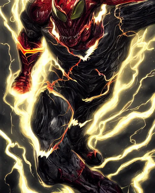 Image similar to venom as the flash, dynamic lighting, fantasy concept art, trending on art station, stunning visuals, creative, cinematic, ultra detailed, terrifying, black lightning, comic strip style