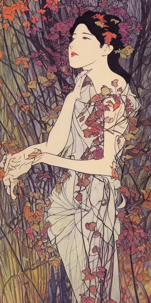 Image similar to a beautiful illustration of a beautiful lady with black hair in a forest in autumn, style of yoshitaka amano and alfons mucha