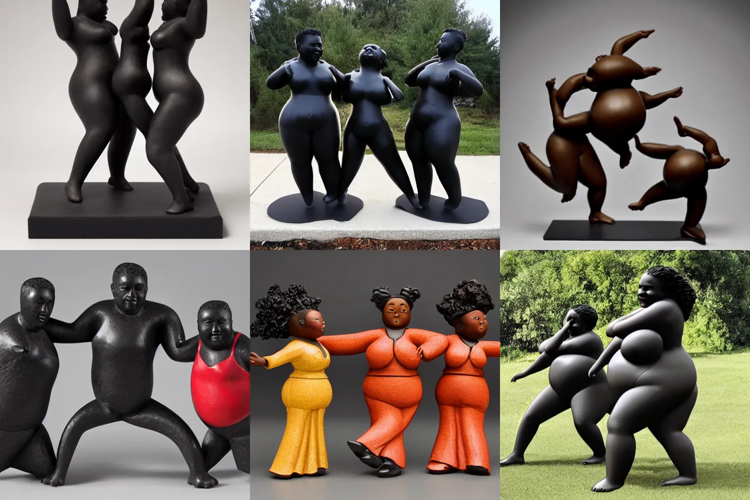 Prompt: sculpture of 3 beautiful fat black people dancing together