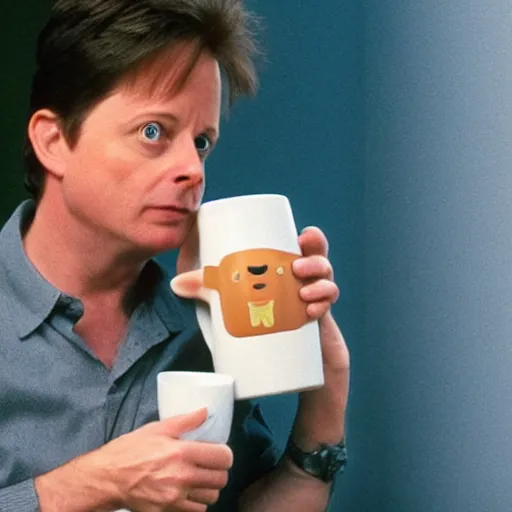 Image similar to Michael J Fox drinking holding a poop emoji mug