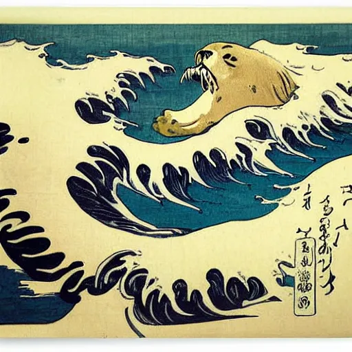Prompt: insane screaming sea lion painted by hokusai