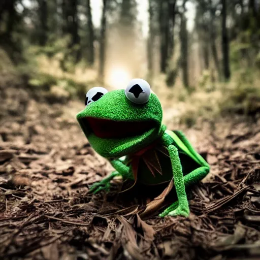 Prompt: scary trail camera photo of kermit the frog at night walking in the forest. blury. dark background. flash