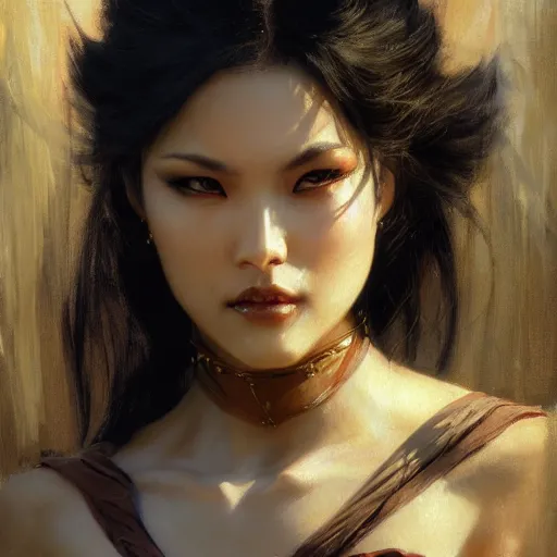 Image similar to detailed cinematic wide shot of beautiful attractive asian vampire woman slim face symettrical face clean skin black eyes black robe smooth, sharp focus, ultra realistic, spring light, painting by gaston bussiere, craig mullins, j. c. leyendecker