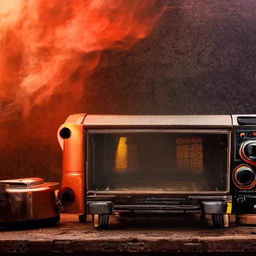 Image similar to head of toaster oven mecha, dark messy smoke - filled cluttered workshop, dark, dramatic lighting, orange tint, cinematic, highly detailed, sci - fi, futuristic, movie still