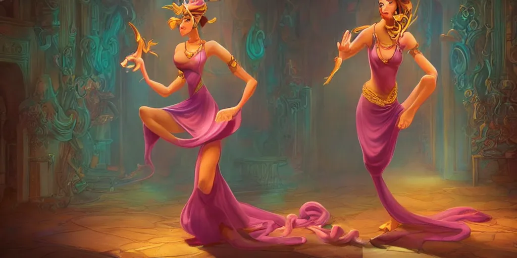 Image similar to beautiful genie girl, dancing in the palace room, beautiful elegant body, accurate body proportions, mysterious ambient lighting, digital art, fantasy vibes, style of disney