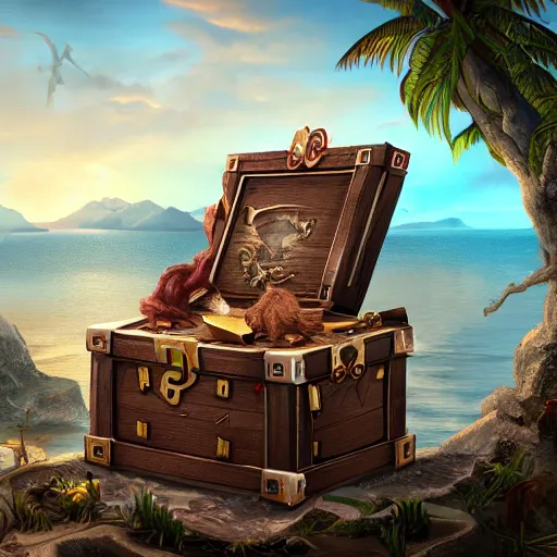 Image similar to island inside of a treasure chest with ornate details, unreal engine, ultradetailed, trending on artstation, devianart, cgsociety, amazing details