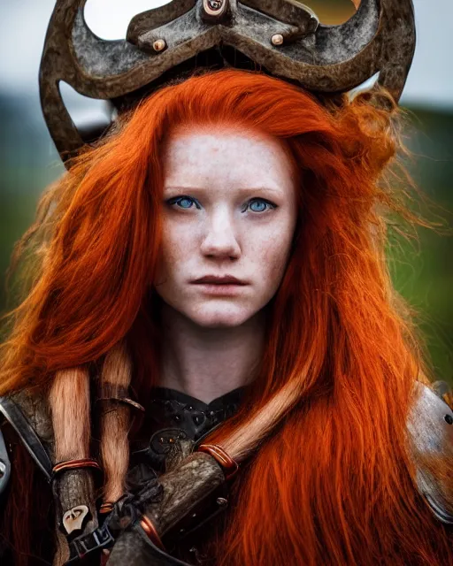 Prompt: north adult female warrior, red hair, ginger hair, long hair, fantasy, female Viking, high detailed, photography, cloudy, lightweight leather armour, Scandinavia, plain, detailed face, beautiful face, beautiful girl, look into the distance, professional model, glowing skin, serious face, full body,in full growth, professional photographer, masterpiece, 50 mm, 8k, 3D