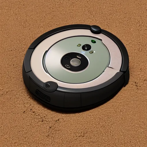 Image similar to a highly detailed digital image of a Roomba by Andrew Chiampo, artstation, and Frederik Heyman, extremely detailed sand, stunning volumetric lighting, hyper realism, innerbloom, fantasy 4k, 8k