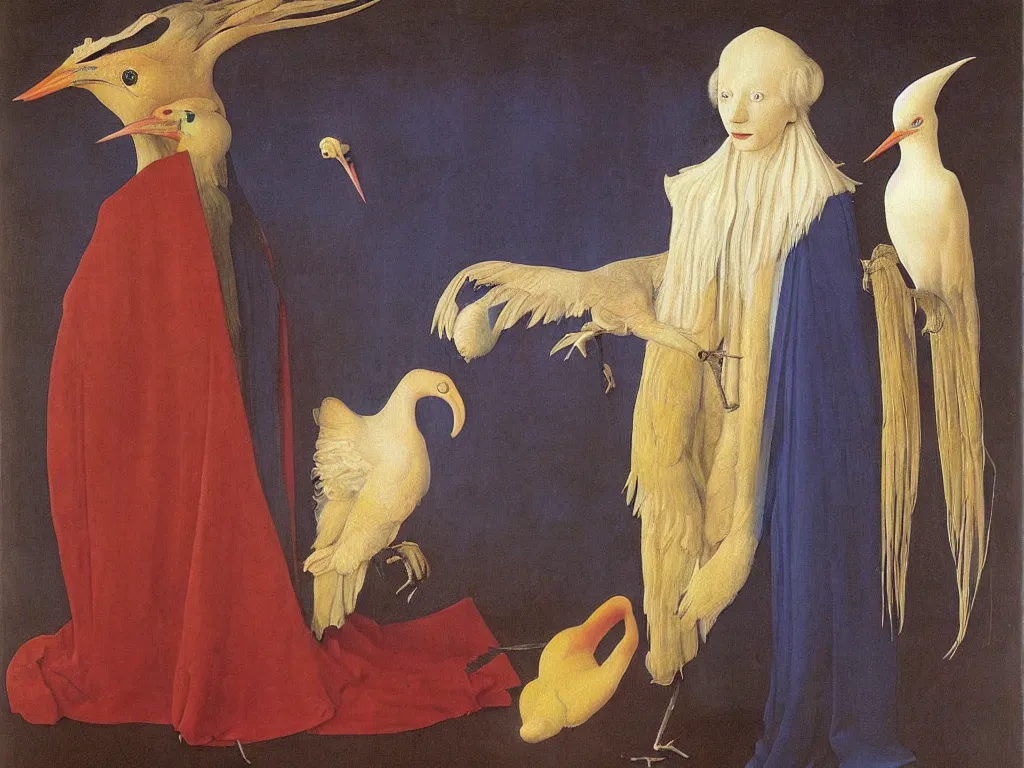 Prompt: Portrait of albino mystic with blue eyes, with exotic hoopoe. Painting by Jan van Eyck, Audubon, Rene Magritte, Agnes Pelton, Max Ernst, Walton Ford