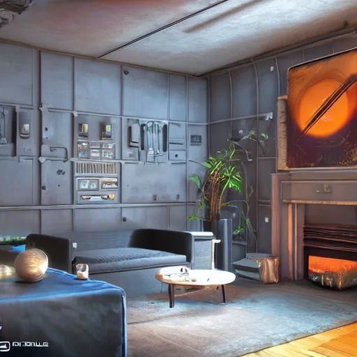 Image similar to Sci fi engine room living room, cybernetic wallpaper, thunderstrike walls, unreal engine 5 tech demo, zillow interior, cool tint, vivid colors, metallic reflective, octane render, Frank Lloyd Wright ((Studio Ghibli))