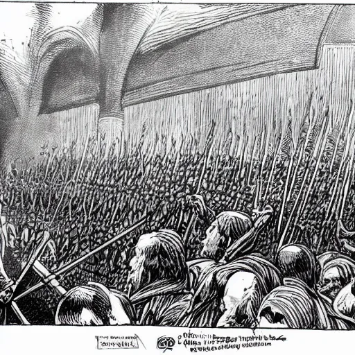 Prompt: enoumous crowd of people, as seen in the battle of helm's deep, but no weapons or armor present, everyone is laughing and pointing at donald trump standing on a podium with pants. style of the far side.