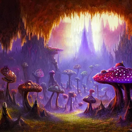 Prompt: concept art detailed painting of a dark purple fantasy fairytale fungal town made of mushrooms, with glowing blue lights, in the style of albert bierstadt