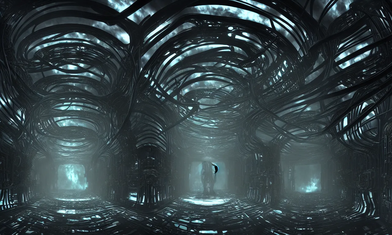 Image similar to sci-fi Prometheus biological corridor, biologic HR Giger style, Alien, Wide angle, featured in artstation, octane render, cinematic, elegant, intricate, 8k