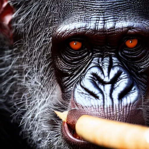 Image similar to a high detail closeup shot of a chimp wearing a suit and smoking a cigar