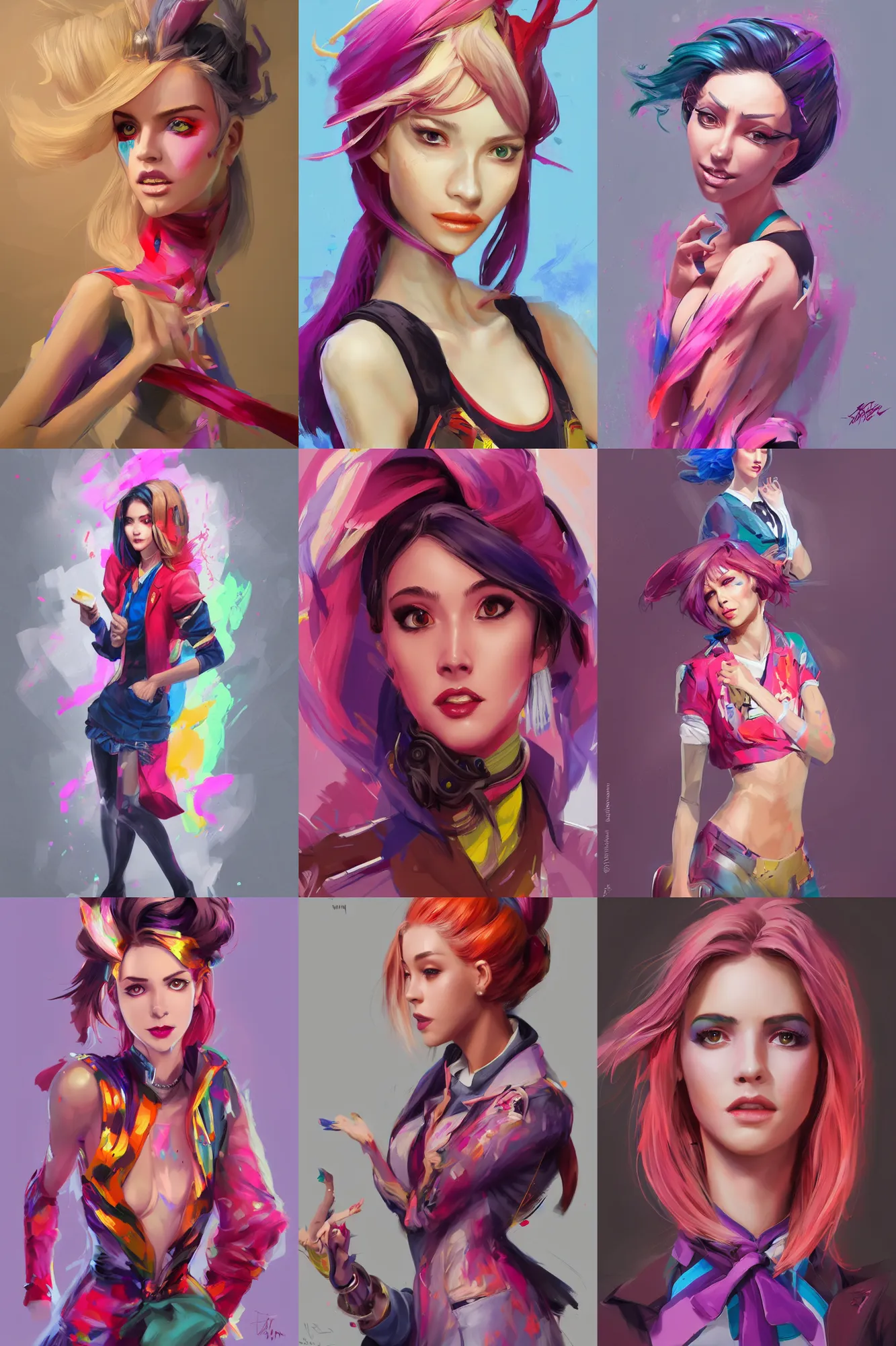 Prompt: a full body digital painting concept art portrait of a single young woman dressed in stylish garish clothing with face and body clearly visible by artgerm and greg rutkowski and Sakimichan, fornite, valorant, high quality, happy mood, artstation trending, vibrant colours, no crop, no helmet, no headgear, entire character, blank background, face visible, realistic proportions SFW,