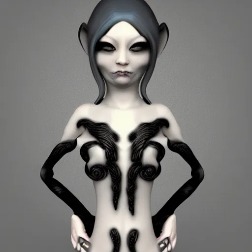 Prompt: eerie asian female elf made of nacre, lovecraftian black smoky tentacles growing, octane rendering