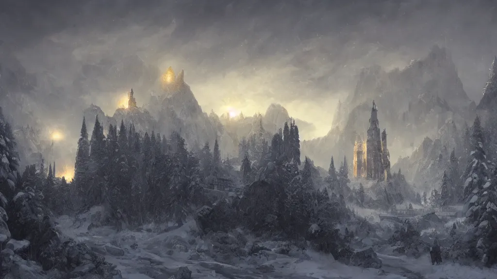 Image similar to huge black castle with tall tower that has a glowing light coming from it, overlooking snowy valley by eugene von guerard, ivan shishkin, dramatic lighting, concept art, trending on artstation, 8 k