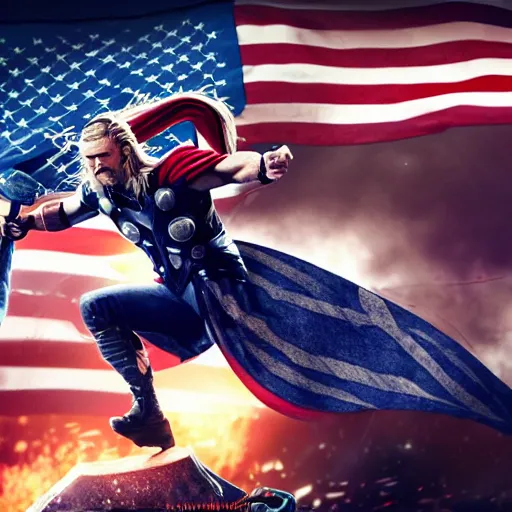 Image similar to a photo of thor with the hammer riding an epic dragon while holding the american flag and an electric guitar, ultrarealistic, 4 k, raytracing