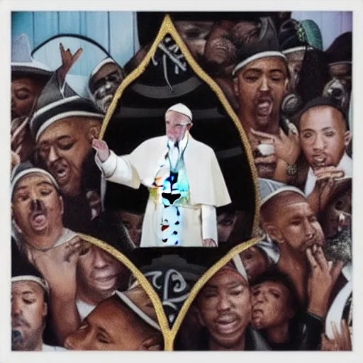 Image similar to pope with face tattoos wearing gold chain, hip hop album art,