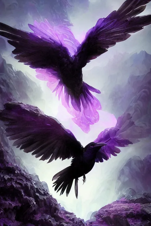 Image similar to portrait of a beautiful one raven perched on purple crystals that are glowing in a misty valley, establishing shot, extremly high detail, foto realistic, cinematic lighting, by yoshitaka amano, ruan jia, kentaro miura, artgerm, post processed, concept art, artstation, raphael lacoste, alex ross