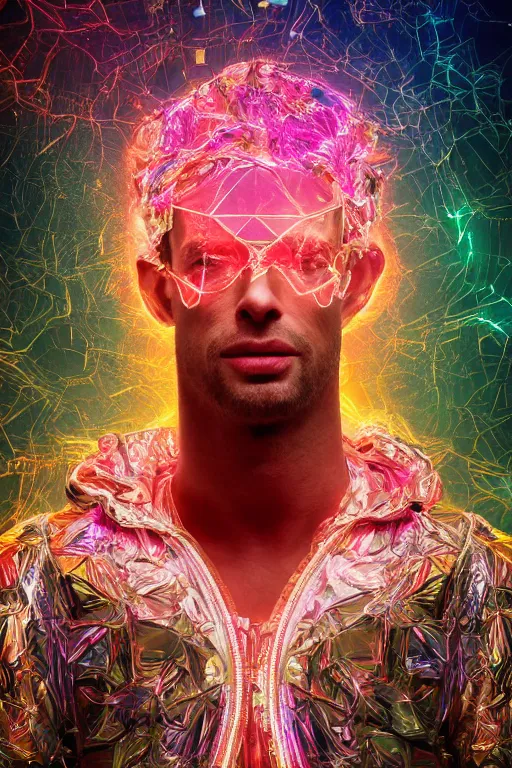 Prompt: hyper detailed ultra sharp portrait of baroque and bladerunner delicate neon ruby sculpture of seductive albino william levy gorilla green radioactive humanoid deity wearing metallic hoody made out of leaves holding the sun prismatic dungeon, glowing rainbow face, crown of white diamonds, cinematic lighting, photorealistic, octane render 8 k depth of field 3 d