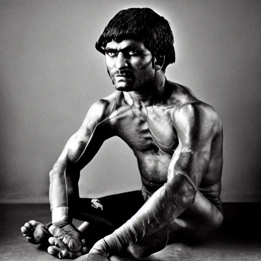 Image similar to color photo, portrait of indian kushti wrestler by richard avedon, realistic, Leica, medium format, cinematic lighting, parallax, high resolution,