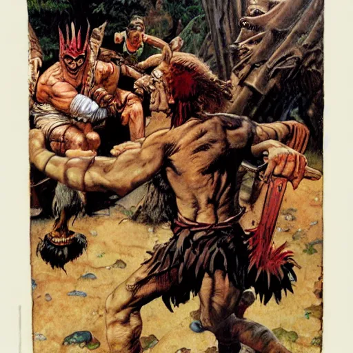 Prompt: goat man barbarian, ultra detailed, style of norman rockwell, style of richard corben, 4 k, rule of thirds.