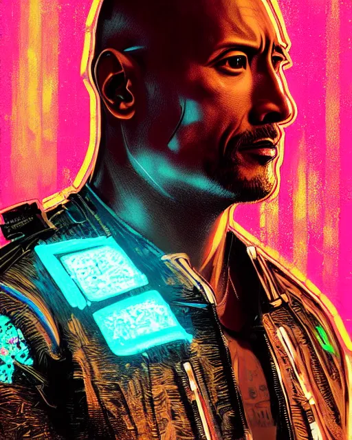 Image similar to detailed portrait Dwayne Johnson, cyberpunk futuristic neon, reflective leather jacket, decorated with traditional Japanese ornaments by Ismail inceoglu dragan bibin hans thoma greg rutkowski Alexandros Pyromallis Nekro Rene Maritte Illustrated, fine details, realistic shaded