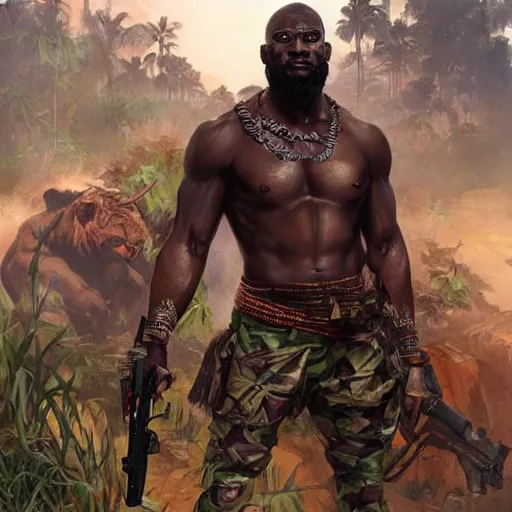 Image similar to hyperrealistic nigerian warlord, scared upper body and intimidating face, jungle setting with guerilla pickup trucks being present in the background, art by artgerm and greg rutkowski and alphonse mucha