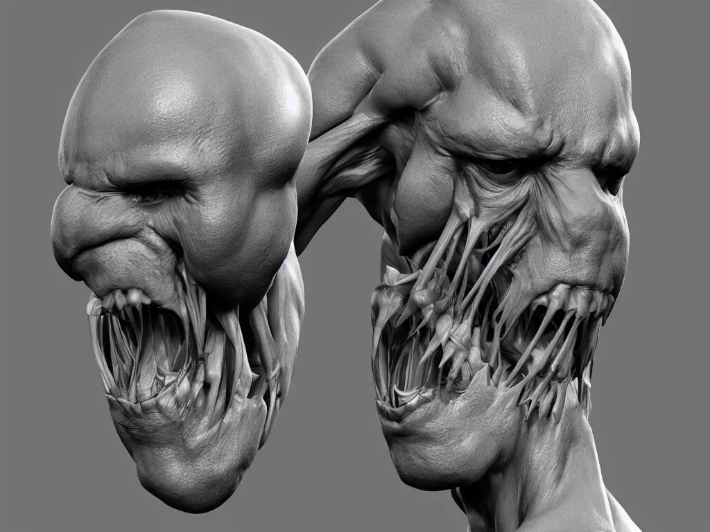 Image similar to muscular body, isopod exoskeleton, mesomorph, chiroptera head, chiroptera ears, big sharp teeth, hyperrealism, artstation, cgsociety, zbrush, no background