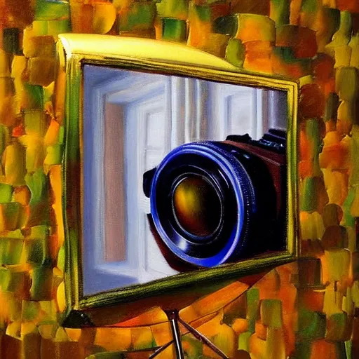 Image similar to camera taking a picture of its own broken lens through a mirror, hyper realistic painting, impasto by Angela Moulton, high quality reflections