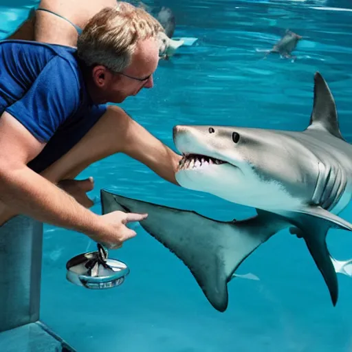 Prompt: a man feeding a shark in a pool