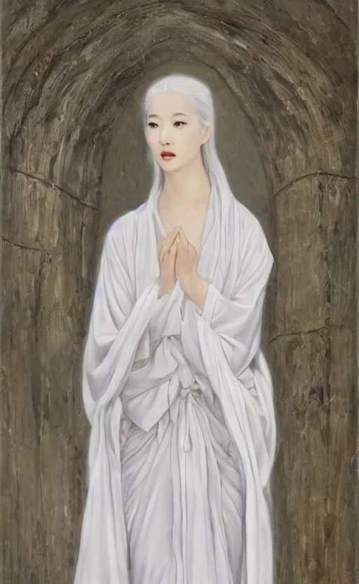 Image similar to angelic beauty with silver hair so pale and wan! and thin!?, flowing robes, covered in robes, lone pale korean goddess, wearing robes of silver, flowing, pale skin, young cute face, covered!!, clothed!! lucien levy - dhurmer, jean deville, oil on canvas, 4 k resolution, aesthetic!, mystery