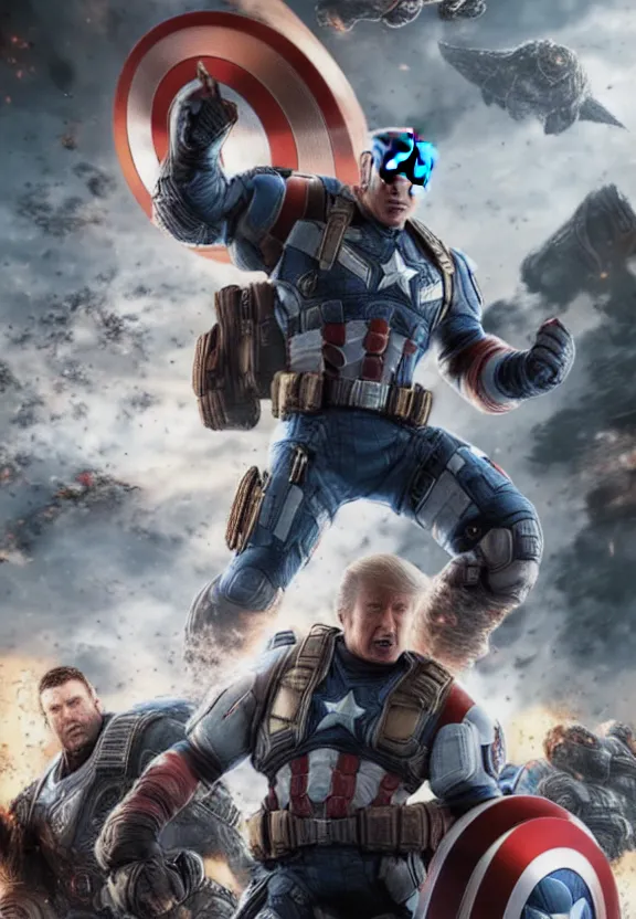 Image similar to Portrait of Donald Trump as captain america in Gears of War, splash art, movie still, cinematic lighting, dramatic, octane render, long lens, shallow depth of field, bokeh, anamorphic lens flare, 8k, hyper detailed, 35mm film grain