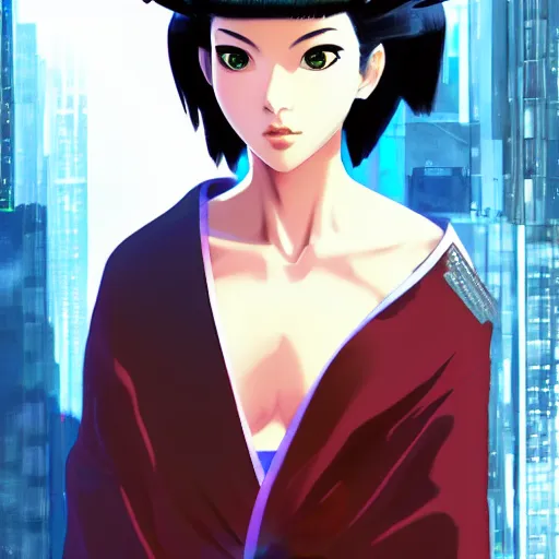 Prompt: portrait of a geisha from ghost in the shell, in the style of makoto shinkai and artgerm and loish, dynamic lighting,