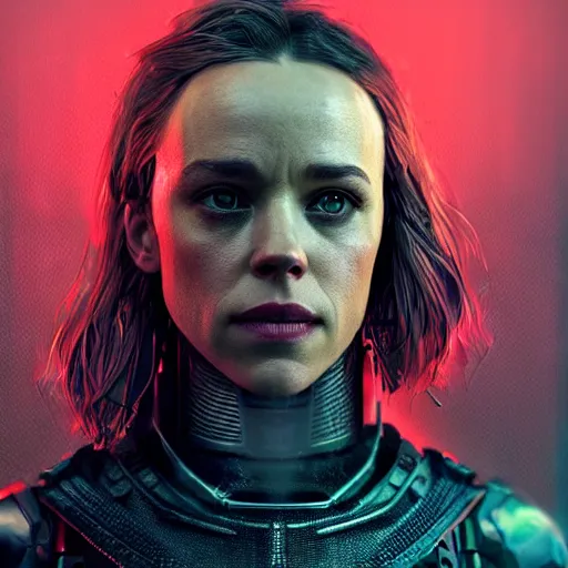 Image similar to rachel mcadams portrait, dystopia core, apocalyptic, armor, warrior, dramatic, sharp focus, fiction, neon, fantasy, hyper detailed, digital art, trending in artstation, cinematic lighting, studio quality, smooth render, unreal engine 5 rendered, octane rendered, art style and nixeu and wlop and krenz cushart