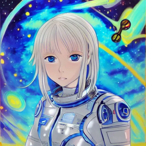 Prompt: blue-eyed blonde anime girl in futuristic space suit, Intricately detailed acrylic painting