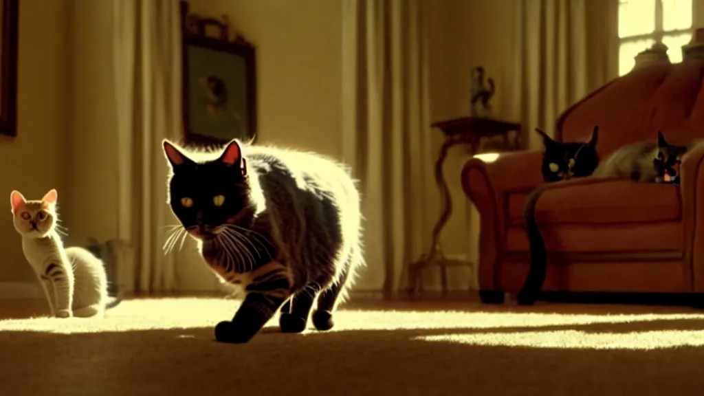 Image similar to an average american cat in the living room, film still from the movie directed by Denis Villeneuve with art direction by Salvador Dalí, wide lens