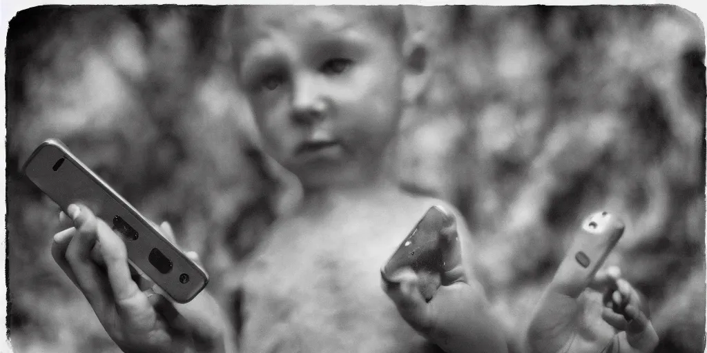 Image similar to cinematic, concept art, hyper realistic, symbolism, Orwellian Smart Phones held in the hand of a child by Scott M Fischer, misty, depth of field, 8k, 35mm film grain, album cover