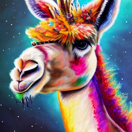Prompt: portrait of a cute fluffy llama with colorful giraffe spots and mohawk hairstyle hybrid animal detailed painting 4 k