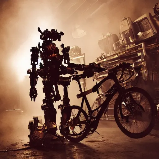 Image similar to bicycle mecha, dark messy smoke - filled cluttered workshop, dark, dramatic lighting, orange tint, cinematic, highly detailed, sci - fi, futuristic, movie still