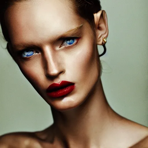 Image similar to a fashion photo of a beautiful model, stylesd and photo by elizabeth saltzman, peter lindbergh, tim walker, symmetry, full face, studio lighting, dlsr, detailed face