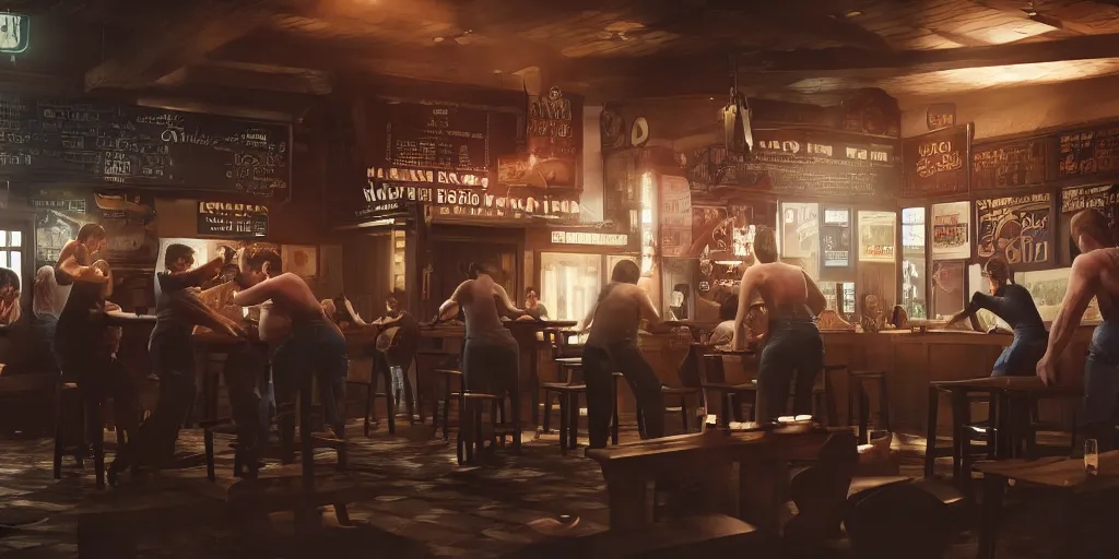 Image similar to a bar fight inside a pub between nerds and dorks, 4k, hyperrealism, photorealistic, crisp details, wide angle lens, octane render, caustics